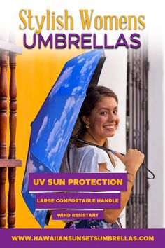 a woman holding an umbrella over her head and smiling at the camera with text that reads, stylish women umbrellas u s sun protection large comfortable handle wind resistant