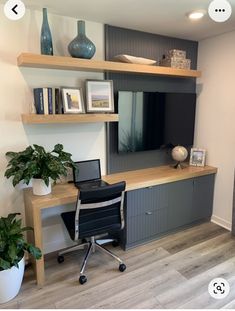 a desk with a laptop computer on top of it next to a plant and bookshelf