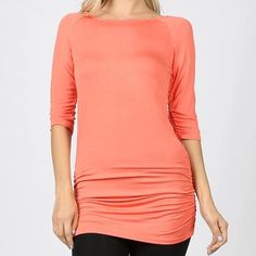 Shirred Tunic Top in Peach This super soft peach tunic top pairs perfectly with skinny jeans, Not a fan of the tunic style? Let fabric drape at hips for an effortlessly chic look! 93% Rayon / 7% Spandex Fabric Drape, Layered Tunic, Pocket Tunic, Lace Tunic, Orange Shirt, Tunic Style, Black Tunic, Black Lace Tops, Chic Look