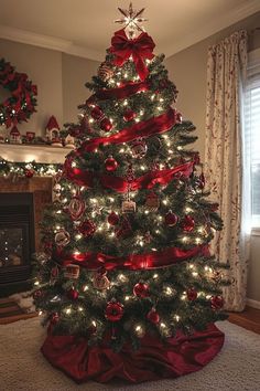 a christmas tree with red bows and ornaments