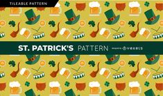 st patrick's day pattern with beer, shamrocks and hats on yellow background