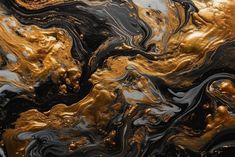 an abstract painting with gold and black colors