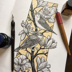 a drawing of two birds sitting on a tree branch with flowers and leaves in the background