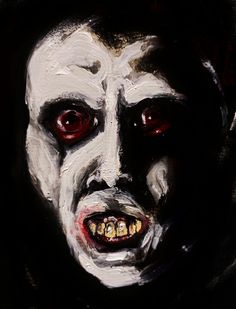 a painting of a man's face with blood on his eyes and mouth, painted in black and white