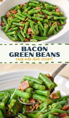 green beans with bacon in a white bowl