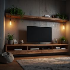 a living room scene with focus on the entertainment center and planters in the corner