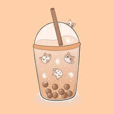 an illustration of a bubble milk drink with cats on the top and bubbles in the bottom