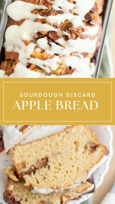 a loaf of sourdough biscard apple bread on a plate with the title above it