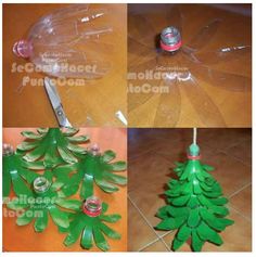 three pictures showing the process of making a pine cone christmas tree ornament from plastic bottle caps