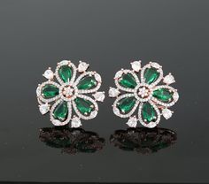 "American Diamonds and CZ Studded Rose Gold Plated Clip on Earrings for womens and girls. Earrings Size: width 1.25\" and length: 1.25\"" Green Flower Wedding Earrings, Green Round Flower Earrings For Wedding, Celebrities Earrings, Pink Emerald, American Diamond Necklaces, Indian Bollywood, American Diamond, Indian Style, Design Silver