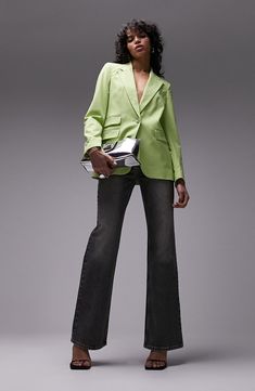 Bring a pop of color to your wardrobe with this lime blazer fashioned with peaked lapels and flap pockets for polished style. One-button closure Peaked lapels Front flap pockets Lined 95% polyester, 5% elastane Machine wash, line dry Imported Green Notch Lapel Blazer With Pockets, Trendy Notched Blazer For Formal Occasions, Trendy Business Blazer For Spring, Green Business Casual Blazer With Lapel Collar, Green Business Blazer With Pockets, Green Notch Lapel Blazer For Work, Notched Blazer With Pockets For Spring, Green Lapel Collar Blazer For Business Casual, Business Casual Green Blazer With Lapel Collar