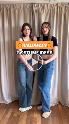 two women standing next to each other in front of a curtain with the words halloween costume ideas