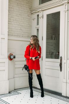 Christmas Styles, Trendy Party Outfits, Red Outfits, Red Turtleneck Sweater, Red Sweater Dress, Sweater Dress Oversized, Sweater Dress Outfit, Hello Fashion, Little Red Dress