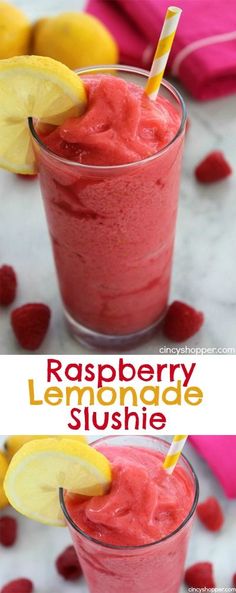 raspberry lemonade slushie in two glasses