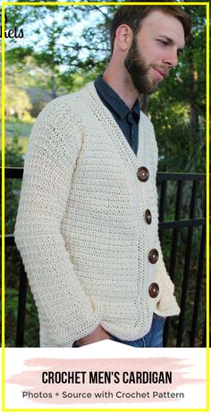 a man wearing a crochet cardigan with buttons on the front and back