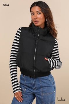 Keep your winter looks toasty and on-trend with the Lulus Warm Aesthetic Black Mock Neck Puffer Vest! Quilted nylon shapes this essential vest that has a mock neckline and a sleeveless bodice with a front zipper. Twin welt pockets offer a cozy spot for your hands, and a cropped, ribbed knit hem completes the look. Fit: This garment fits true to size. Length: Size medium measures 20.5" from shoulder to hem. Bust: Great for any cup size. Waist: Loosely Fitted. Fabric: Fabric has no stretch. Lined. Shell: 100% Nylon. Contrast: 100% Polyester. Hand Wash Cold. Do Not Bleach. Line Dry. Iron Low Heat. Imported. Lulus | Warm Aesthetic Black Mock Neck Puffer Vest | 100% Polyester. Cropped Puffer Vest, Vest Fits, Warm Aesthetic, Black Mock Neck, Cropped Vest, Aesthetic Black, Outerwear Vest, Black Puffer, Black Vest