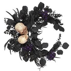 a wreath with purple flowers and black leaves