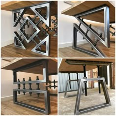 four different views of a table made out of metal pipes and wooden planks,