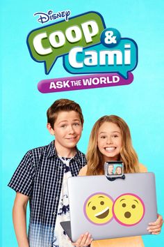 two kids holding up a laptop computer in front of a blue background with the words coop & cami ask the world