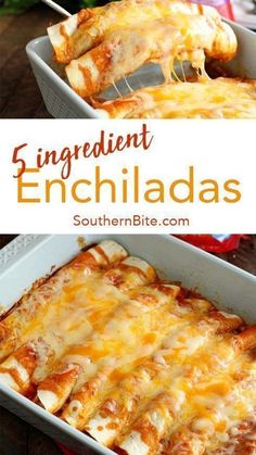 a casserole dish with chicken enchiladas in it and the title overlay