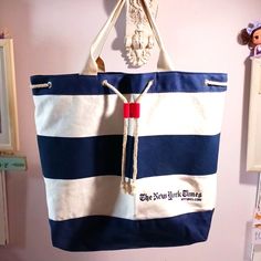 Classic Blue And White Canvas Tote Bag, Rope Draw String, Snap Closure, Fully Lined, Nwot, 18"L 16"H. Great For Beach,Shopping Anything! Awsome Look! New York Times Logo, Rope Drawing, Beach Shopping, Coastal Granddaughter, Beach Shop, White Canvas, Classic Blue, Canvas Tote Bag, The New York Times