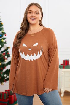 Ladies Halloween Print Long Sleeve Loose Sweatshirt Casual Orange Tops For Halloween, Spooky Orange Long Sleeve Tops, Casual Long Sleeve Halloween T-shirt, Orange Long Sleeve Spooky Top, Spooky Orange Crew Neck Top, Spooky Long-sleeve Orange T-shirt, Casual Halloween Crew Neck Tops, Spooky Long Sleeve T-shirt For Winter, Spooky Long Sleeve Halloween Tops