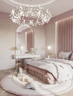 a bedroom decorated in pink and white with a chandelier hanging from the ceiling