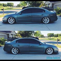 two pictures of a car parked in front of a house with white wheels and rims