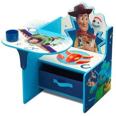 a toy table with two drawers and a toy figure on the top one drawer is open