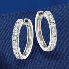 Ross-Simons - .50 ct. t. w. Diamond Hoop Earrings in 14kt White Gold. 5/8". These hoop earrings are the glittering addition your wardrobe needs. Featuring .50 ct. t. w. round brilliant-cut diamonds, this pair is subtle enough for everyday but still fancy enough for nights out. Shines in 14kt white gold. Hanging length is 5/8". Hinged post, diamond hoop earrings. Diamond birthstones are the perfect gift for April birthdays. Anniversary Diamond Earrings Channel Set, Channel Set Diamond Earrings For Anniversary, Classic Pave Setting Huggie Earrings For Anniversary, Classic Small Hoop Diamond Earrings For Anniversary, Classic Hoop Diamond Earrings For Formal Occasions, Classic Channel Set Hoop Earrings For Anniversary, Classic Formal Hoop Earrings With Channel Set, Classic Channel Set Hoop Earrings For Formal Occasions, Formal Small Hoop Diamond Earrings Channel Set