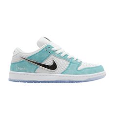 Find NIKE April Skateboards X Dunk Low Sb 'turbo on Editorialist. The April Skateboards x Nike Dunk Low SB ‘Turbo Green’ dresses the retro model in an airy white mesh upper, accented with a chrome Swoosh and fortified with suede overlays in a bright teal finish. White leather is utilized on the toe box and back tab, marked with April and Nike SB branding across the left and right shoe. ‘April’ is stamped on the lateral heel, while each tongue tag displays mismatched Nike SB and April logos. Underfoot, a translucent rubber outsole reveals a unique floral graphic. Sb Low Dunk, Off White Dunk, Turbo Green, Back To School Fits, Green Dresses, Nike Sb Dunks Low, Floral Graphic, Shoe Inspo, Swag Shoes