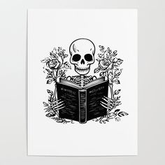 a black and white drawing of a skull reading a book with roses in the background