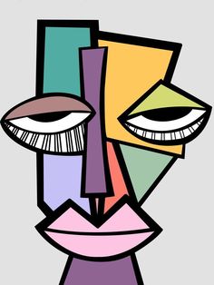 an abstract painting with different colors and shapes on it's face, including the eyes