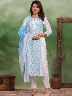 Women Floral Printed Regular Aari Work Pure Cotton Kurta with Palazzos & With Dupatta PRODUCT DETAILS  Blue printed Kurta with Palazzos with dupatta Kurta design: Floral printed Straight shape Regular style V-neck, three-quarter regular sleeves Na pockets aari work detail Calf length length with straight hem Pure cotton machine weave fabric Palazzos design: Solid Palazzos Partially elasticated waistband Slip-on closure Size & Fit The model (height 5'8) is wearing a size S Material & Care Kurta fabric: CottonBottom fabric: CottonDupatta fabric: CottonWash Care:Machine Wash Specifications Sleeve Length Three-Quarter Sleeves Top Shape Straight Top Type Kurta Bottom Type Palazzos Dupatta With Dupatta Top Pattern Printed Top Design Styling Regular Top Hemline Straight Top Length Calf Length Nec White Bandhani Print Anarkali Set, White Anarkali Set With Bandhani Print, White Bandhani Print Semi-stitched Kurta, White Anarkali Unstitched Suit With Block Print, White Anarkali Kurta With Bandhani Print, Anarkali White Kurta With Bandhani Print, White Bandhani Print Sets With Traditional Drape, White Block Print Sets For Diwali, White Cotton Churidar With Printed Motifs