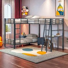 a bedroom with bunk beds and mickey mouse pictures on the wall above it, along with a rug