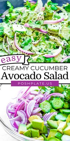 an easy creamy cucumber avocado salad with red onions and celery