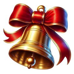 a golden bell with a red bow on it