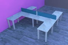 a computer desk with two benches in front of it on a wooden floor next to a purple wall