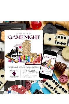 a game night flyer is displayed on a table