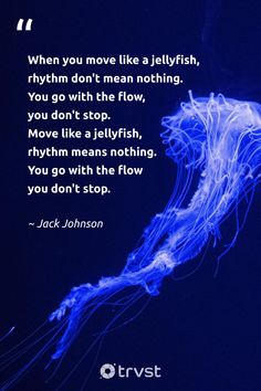 a blue jellyfish floating in the ocean with a quote from jack johnson