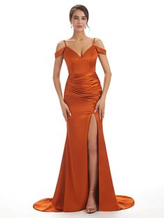 Sexy Off The Shoulder Soft Satin Side Split Long Mermaid Bridesmaid Dresses - ChicSew Formal Satin Mermaid Dress For Prom Season, Elegant Satin Mermaid Evening Dress, Satin Mermaid Evening Dress For Prom Season, Floor-length Satin Mermaid Bridesmaid Dress, Satin Mermaid Dress For Prom Evening, Solid Color Evening Dress With Fitted Bodice, Glamorous Satin Mermaid Dress For Gala, Formal Fitted Bridesmaid Dress With Satin Finish, Fitted Satin Bridesmaid Mermaid Dress