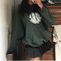 Dark Green With Black Outfit, Hoodie And Skirt Outfit Aesthetic, Skirt Outfits With Hoodie, Hoody Outfits With Skirt, Green And Black Skirt Outfits, Skirts With Hoodies, Mini Skirt With Sweatshirt, Pleated Skirt Hoodie Outfit, Oversized Hoodie Outfit With Skirt