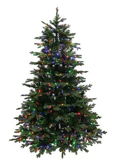 a christmas tree with multicolored lights on the top and bottom branches, against a white background