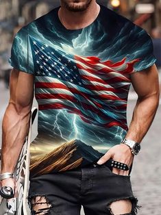 Men's Novelty 3d Lightning American Flag Print T shirt - Temu American Flag Print, Style Streetwear, Crew Neck Shirt, Street Styles, Fashion Tees, Amazon Tiktok, Neck T Shirt