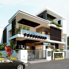 a black car parked in front of a white building with balconies on it