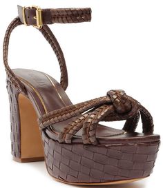 From Schutz, the Kathleen Platform Woven Leather Ankle Strap Platform Sandals feature:Woven synthetic upperKnotted straps detailAdjustable buckled ankle strap closureSynthetic liningSynthetic outsoleApprox. 2" covered platform heightApprox.  4" covered heel heightImported. Luxury Sandals With Ankle Strap, Luxury Synthetic Heels With Buckle Closure, Luxury Synthetic Sandals With Buckle Closure, Luxury Brown Ankle Strap Sandals, Luxury Sandals With Strap And Round Toe, Luxury Brown Heels With Buckle Closure, Luxury Round Toe Heels With Strap, Luxury Summer Heels With Strap, Luxury Heels With Strap And Round Toe