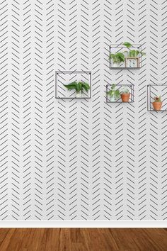 three shelves with plants on them in front of a wallpapered background that has an arrow pattern