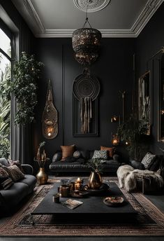 a living room with black walls and lots of plants on the table, couches and rugs