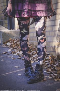 "Gloomth & the Cult of Melancholy \"Moth\" Leggings Sizes XS S M L XL 2X 3X 4X 5X Made to order, please allow 4-6 weeks. This fabric print is exclusive to Gloomth and designed in-house! Leggings are a great way to add detail to an existing outfit, or wear them with your favorite t-shirt on casual days. We also offer these as regular tights (with feet) up to 3XL *Due to shipping delays on our fabric manufacturer's end from the virus we cannot guarantee arrival dates for our made to order prin Fairy Grunge Fitted Bottoms For Halloween, Gothic Leggings For Halloween, Fairy Grunge Fitted Bottoms For Alternative Fashion, Gothic Halloween Leggings For Alternative Fashion, Fitted Emo Pants For Fall, Grunge Halloween Leggings For Alternative Fashion, Grunge Leggings For Halloween Alternative Fashion, Grunge Leggings For Halloween, Black Fitted Fairy Grunge Bottoms