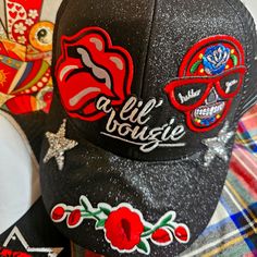 Brand New Black Glitter Ponytail Trucker Hat! It Has 6 Patches! Big Rolling Stones Tongue Patch. It Says A Lil' Bougie! Very Cute Hat! Bedazzled Hat, Glitter Ponytail, Bolero Hat, Fuzzy Bucket Hat, Headwear Fashion, Faux Fur Bucket Hat, Custom Trucker Hats, Festival Hat, Cute Hat